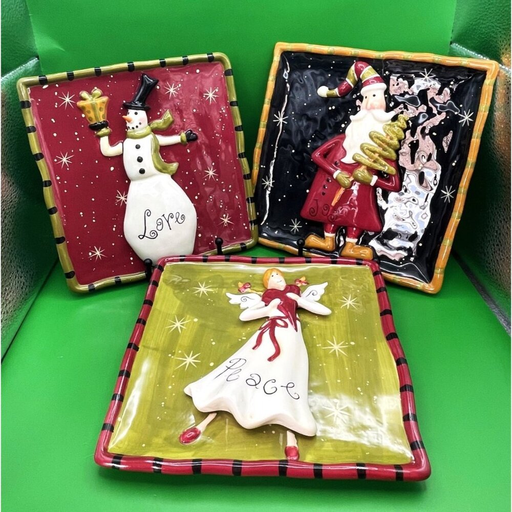 VTG 90s Christmas Plates Peace Love Joy Santa Snowman Angel Wall Décor Set of 3